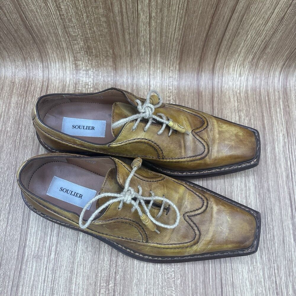 Soulier Men’s Dress Oxford Square Toe Leather Yellow Brown Italy EU 43 / Mens 10 - Picture 2 of 11